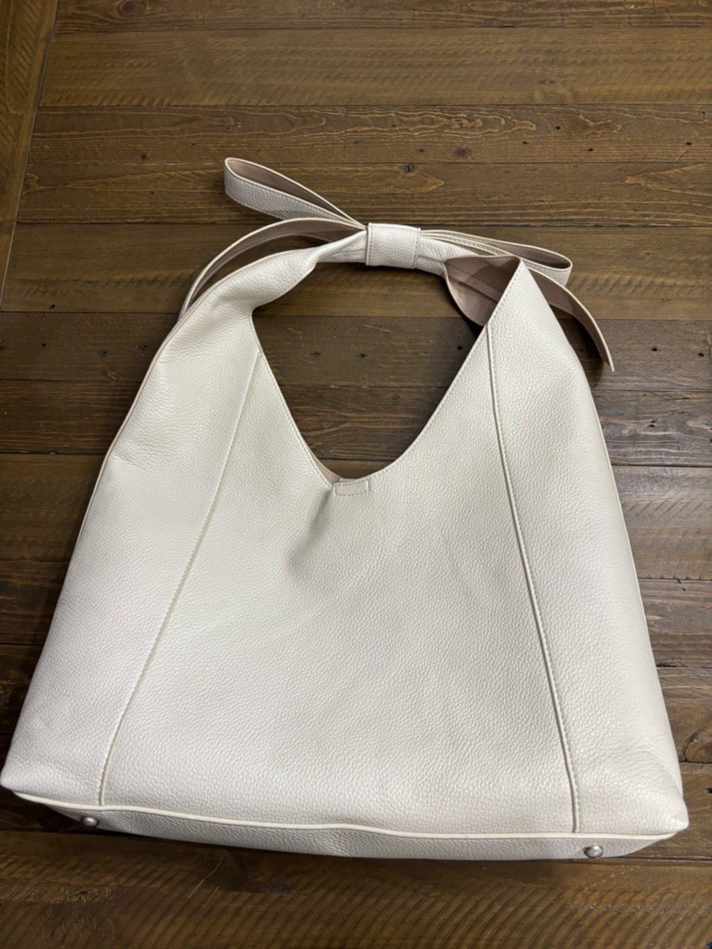 Cream Faux Leather Hobo Bag with Bow Detail